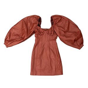 Asos Edition Leather Mini Dress Womens 2 Chestnut Puff Sleeve Bust Ruching Lined